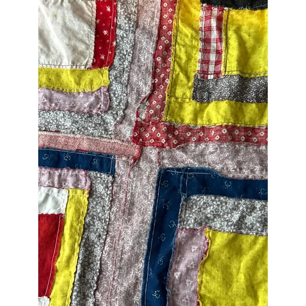 Log Cabin Quilt Topper Burgundy Navy Blue Yellow Country Cottage 53